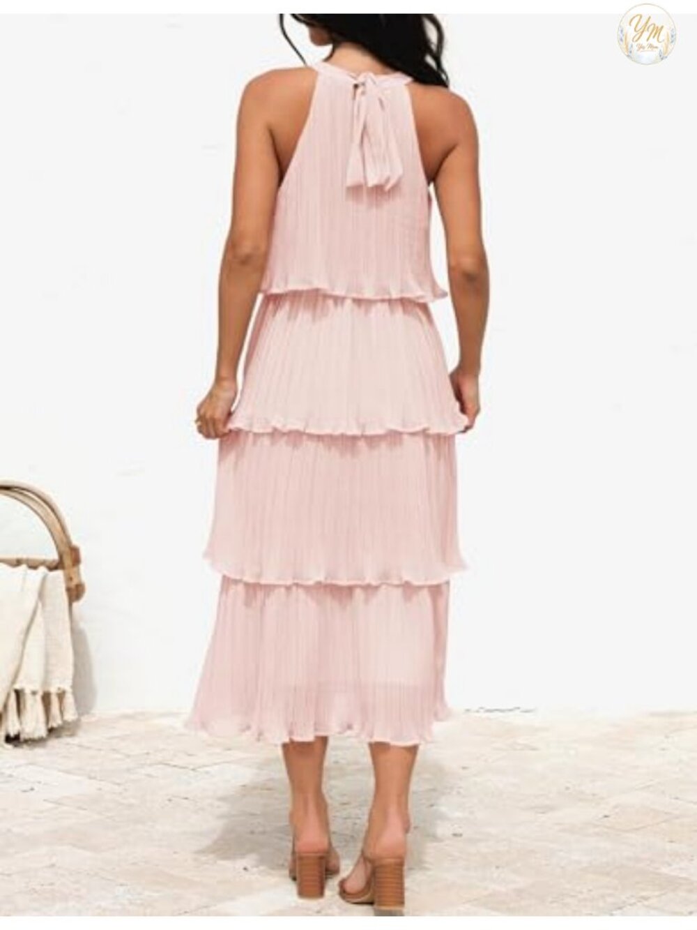Halter Neck Ruffle Tiered Chiffon Flowy Midi Dress - Picture 4 of 6